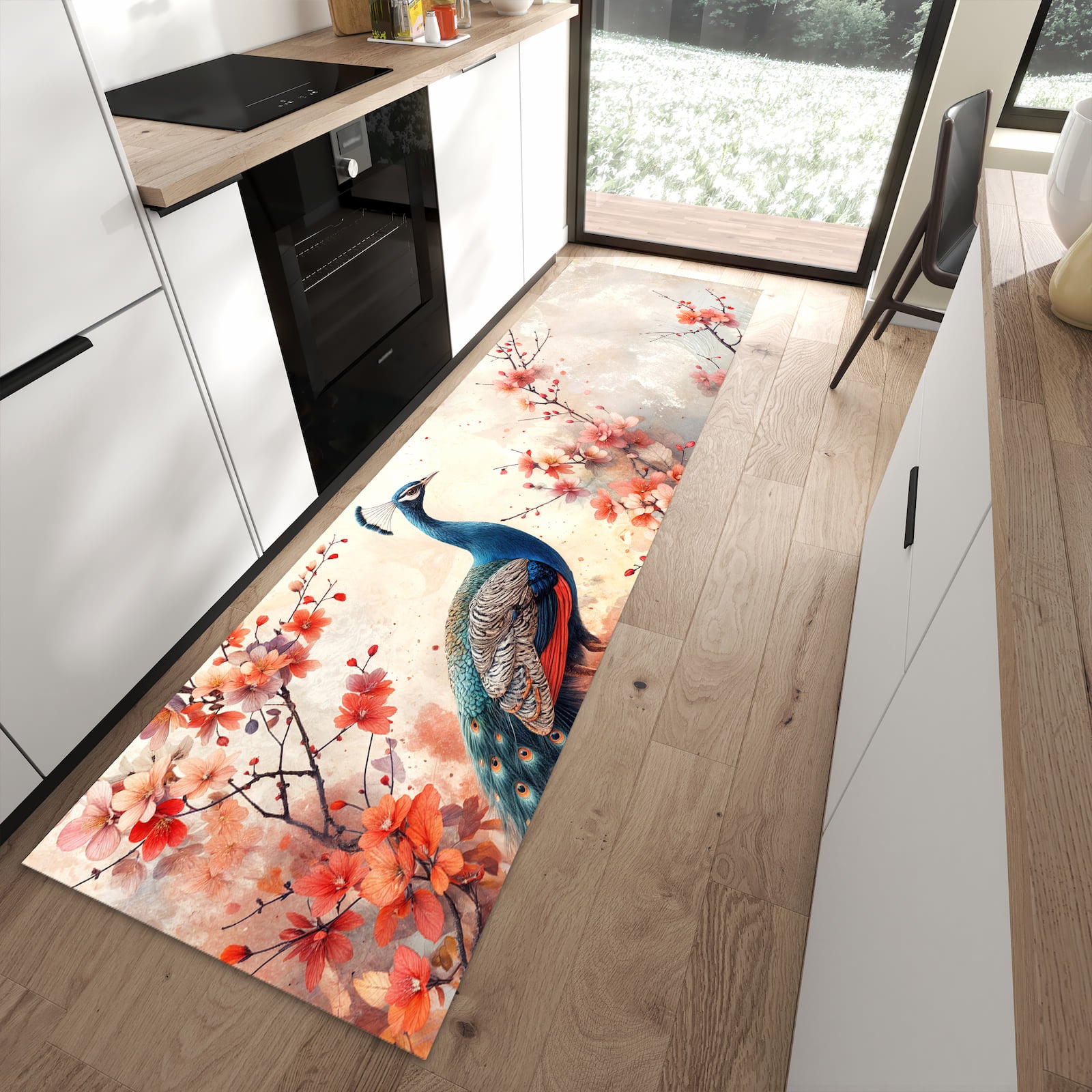 Waschbarer Küchenläufer mit Motiv Pfau und Blüten in moderner Küche für sichere Aufbewahrung