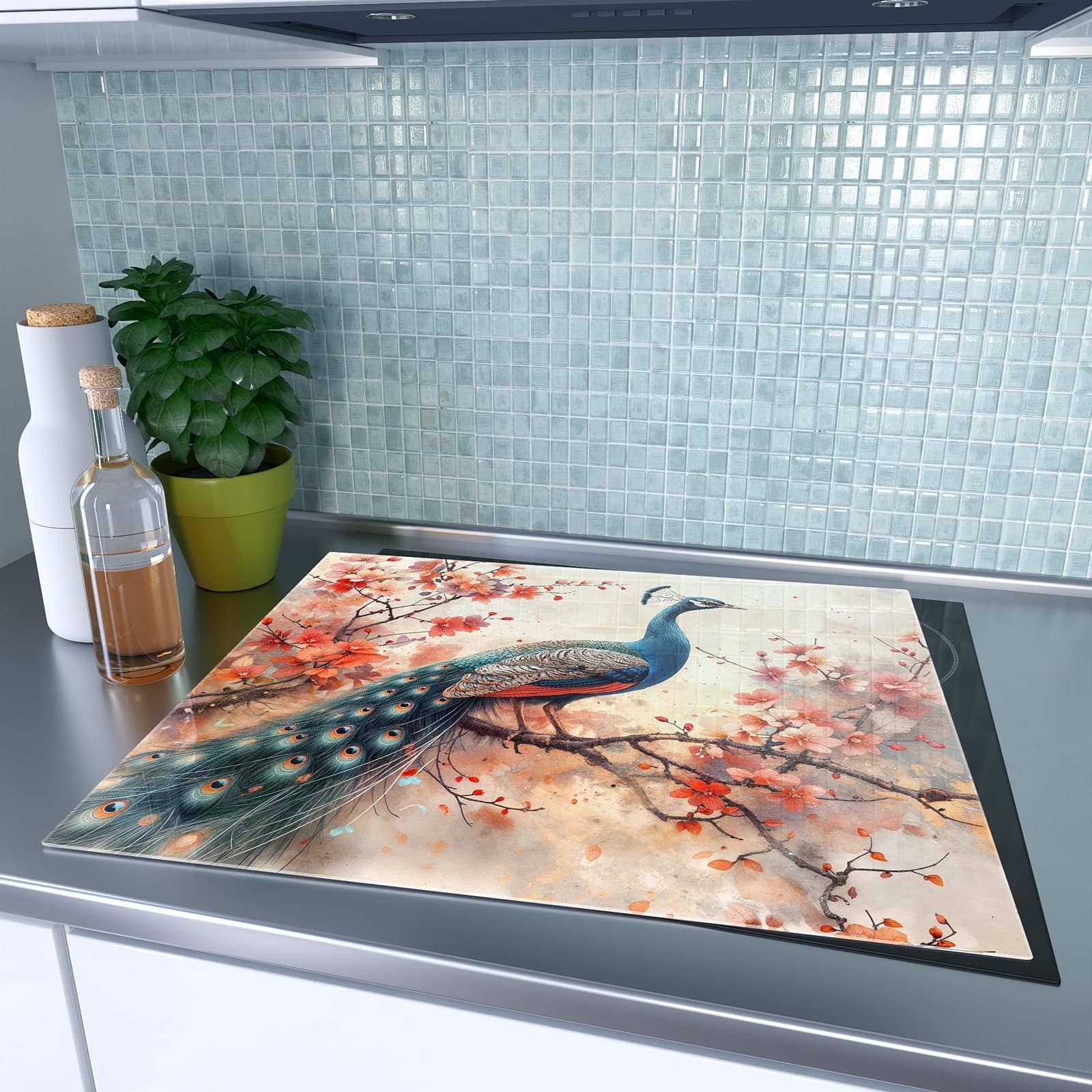 1-teilige Abdeckplatten für Ceranfeld mit Pfau und Blüten-Motiv auf dem Ceranfeld