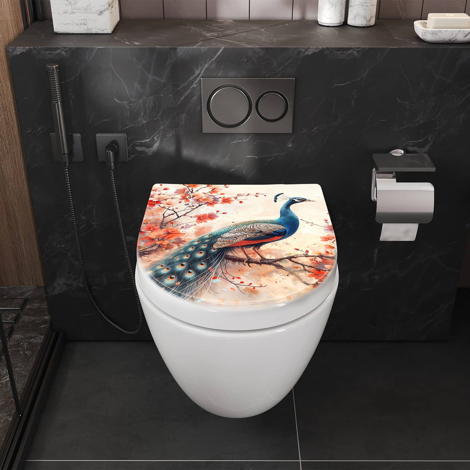 WC-Sitz mit Absenkautomatik Pfau und Blüten