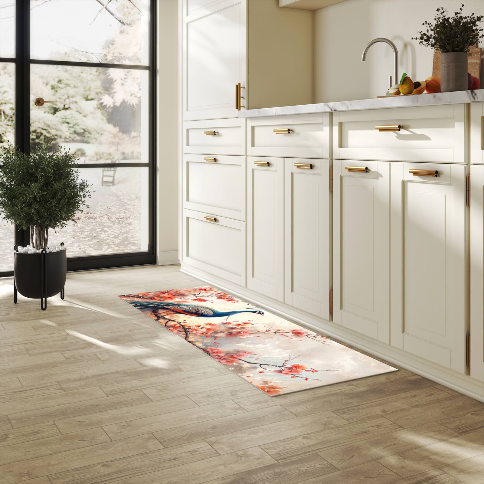 Bodenschonender großer Küchenteppich mit Motiv Pfau und Blüten in heller Küche