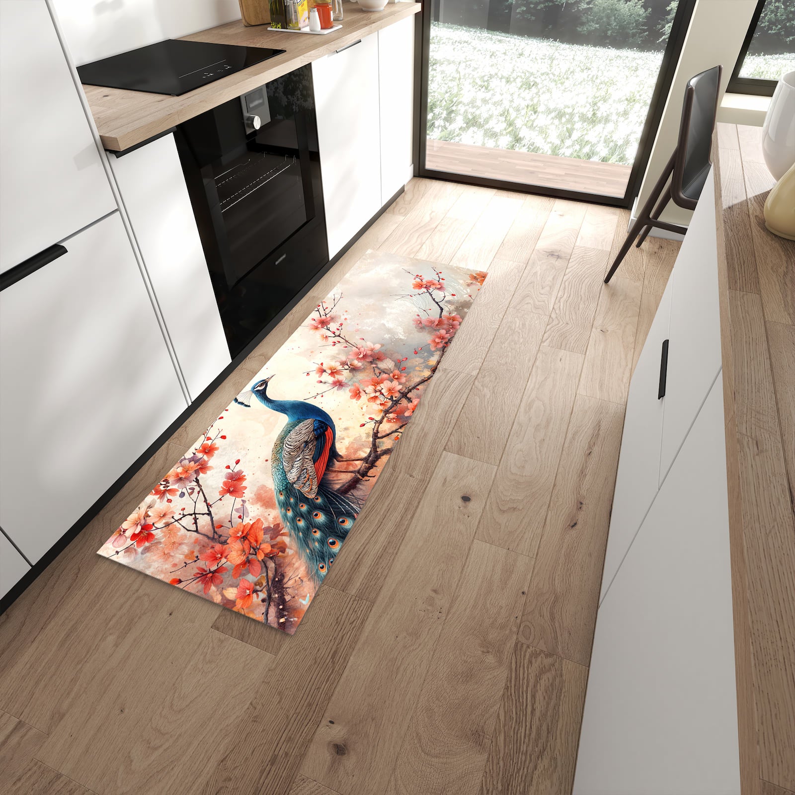 Rutschfester Küchenläufer mit Motiv Pfau und Blüten in moderner Küche