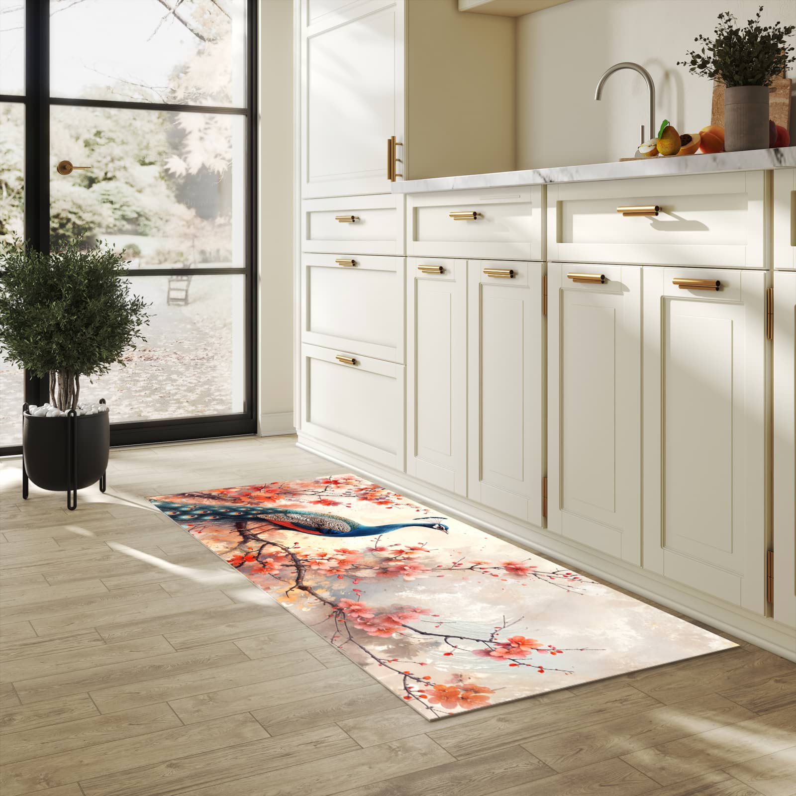 Geräuschdämpfender waschbarer Küchenläufer mit Motiv Pfau und Blüten in heller Küche