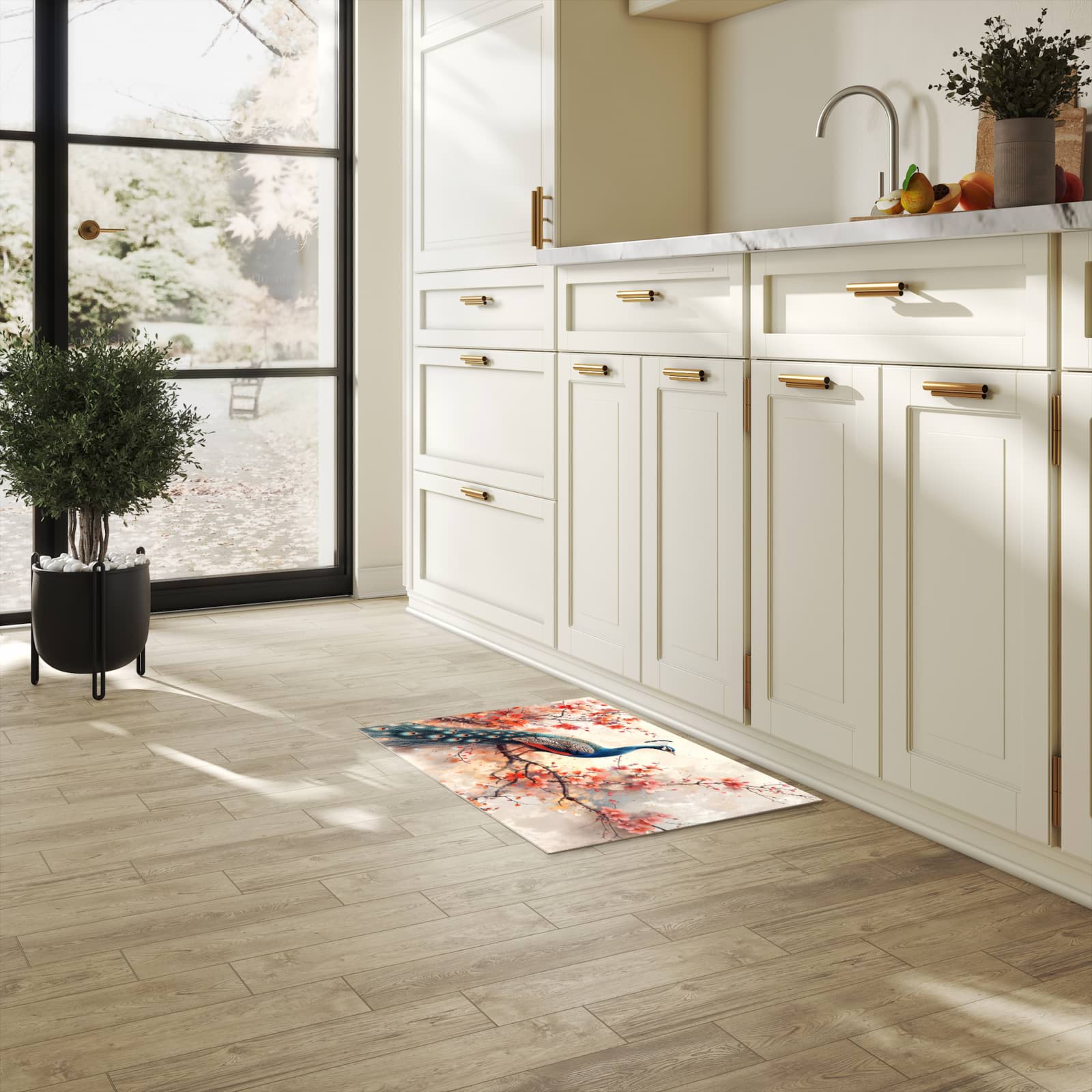 Zeitsparender Küchenläufer mit Motiv Pfau und Blüten in heller Küche