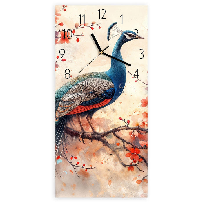 Wanduhr Pfau und Blüten aus Glas – Hochformat 30 × 60 cm mit Ziffernblatt Elegant