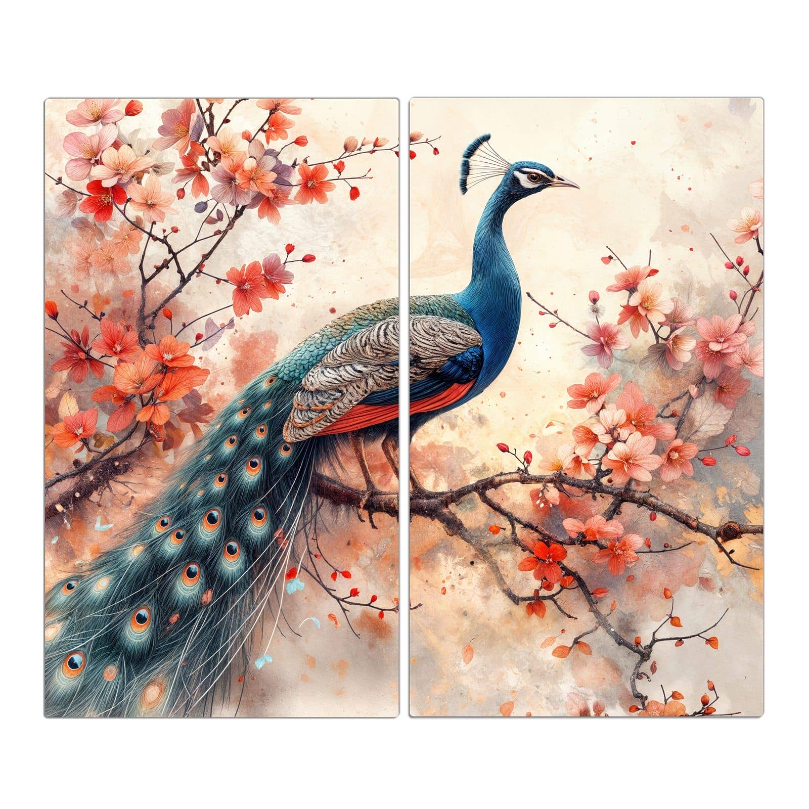 2-teilige Herdabdeckplatte für Ceranfeld mit Pfau und Blüten-Motiv in der Frontansicht
