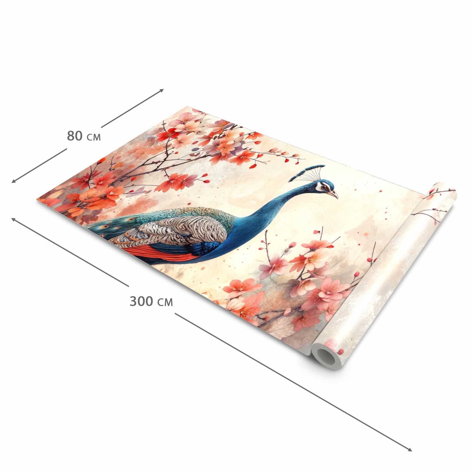 Wasserabweisender rutschfester Küchenteppich mit Motiv Pfau und Blüten in der Grösse 60x300 cm