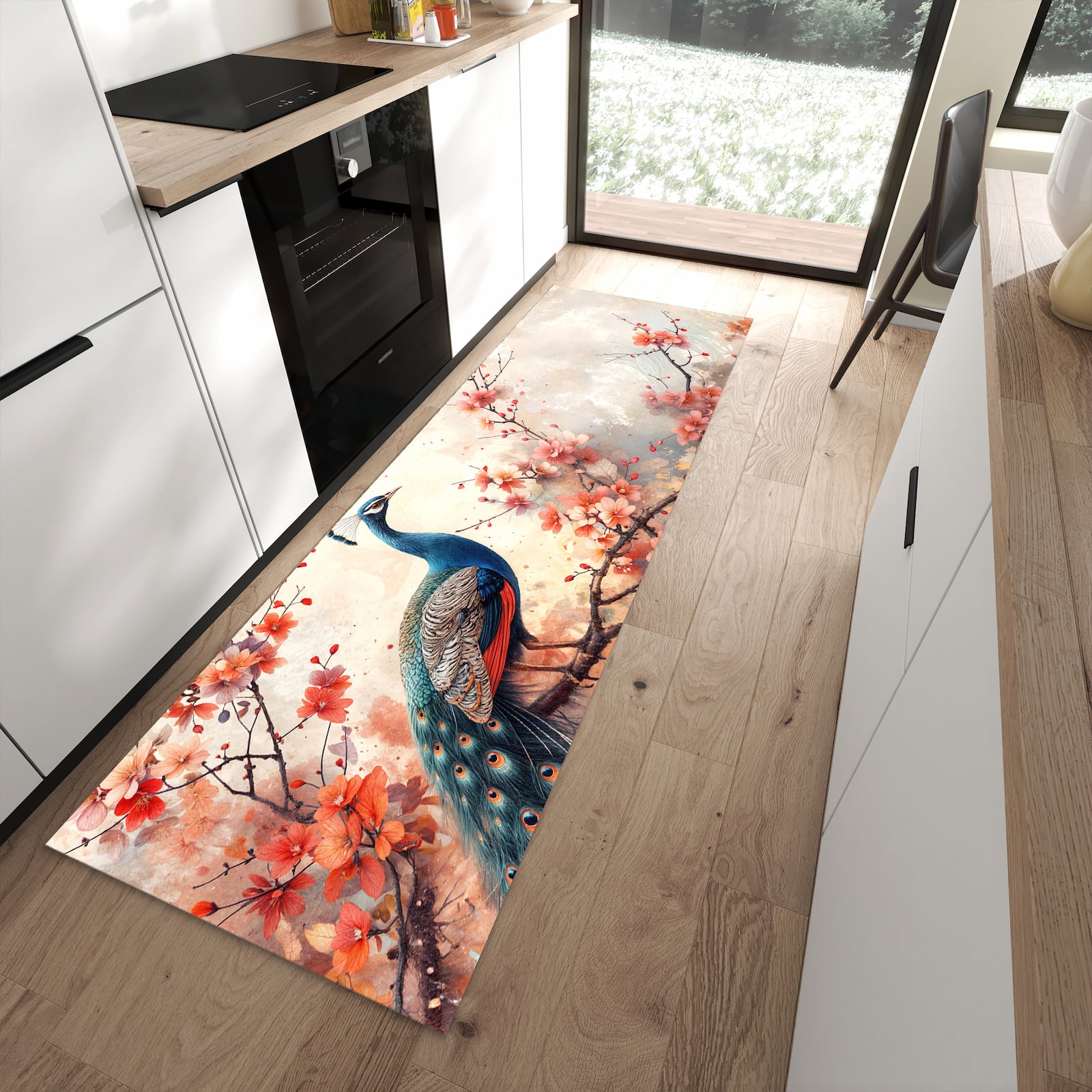 Formstabiler waschbarer Läufer für die Küche mit Motiv Pfau und Blüten in moderner Küche