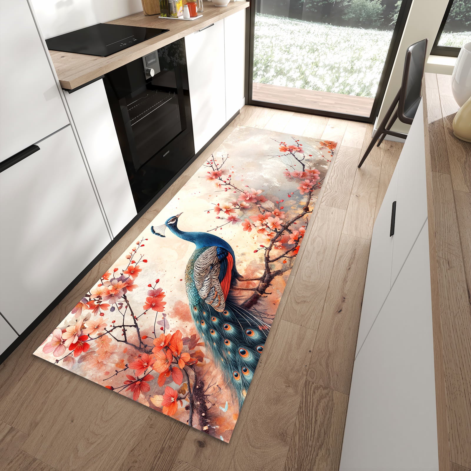 Abriebfester rutschfester Läufer mit Motiv Pfau und Blüten in moderner Küche
