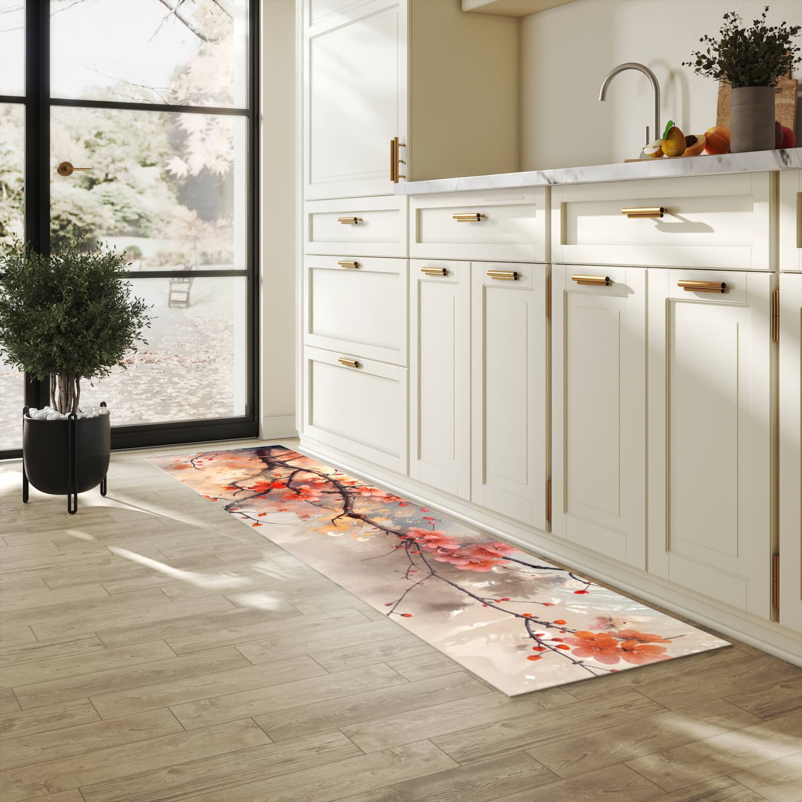 Formstabiler waschbarer Küchenteppich mit Motiv Pfau und Blüten in heller Küche