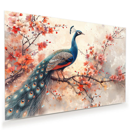 Wandbild mit dem Motiv Pfau auf Kirschzweig