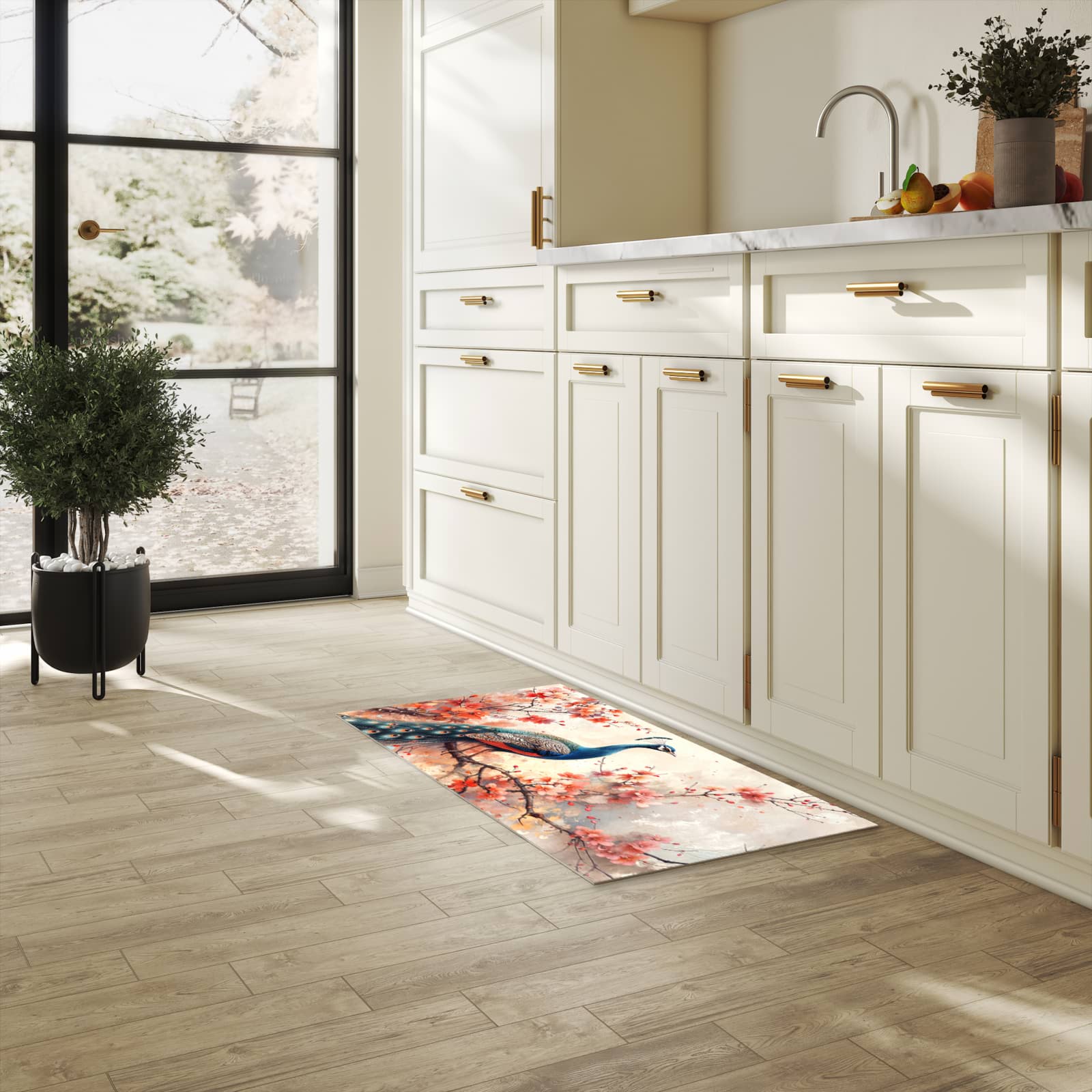 Waschbarer Küchenteppich mit Motiv Pfau und Blüten in heller Küche schont den Boden