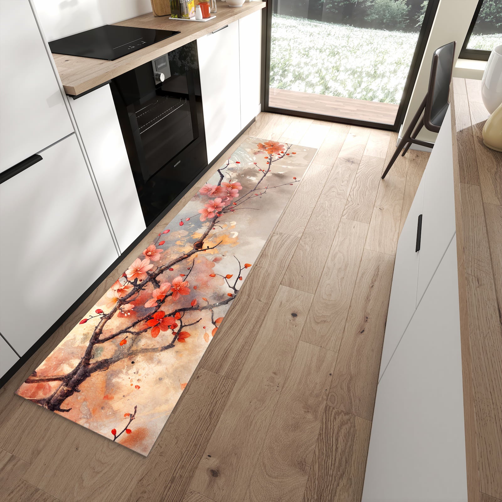 Feuchtigkeitsresistenter Küchenvorleger mit Motiv Pfau und Blüten in moderner Küche