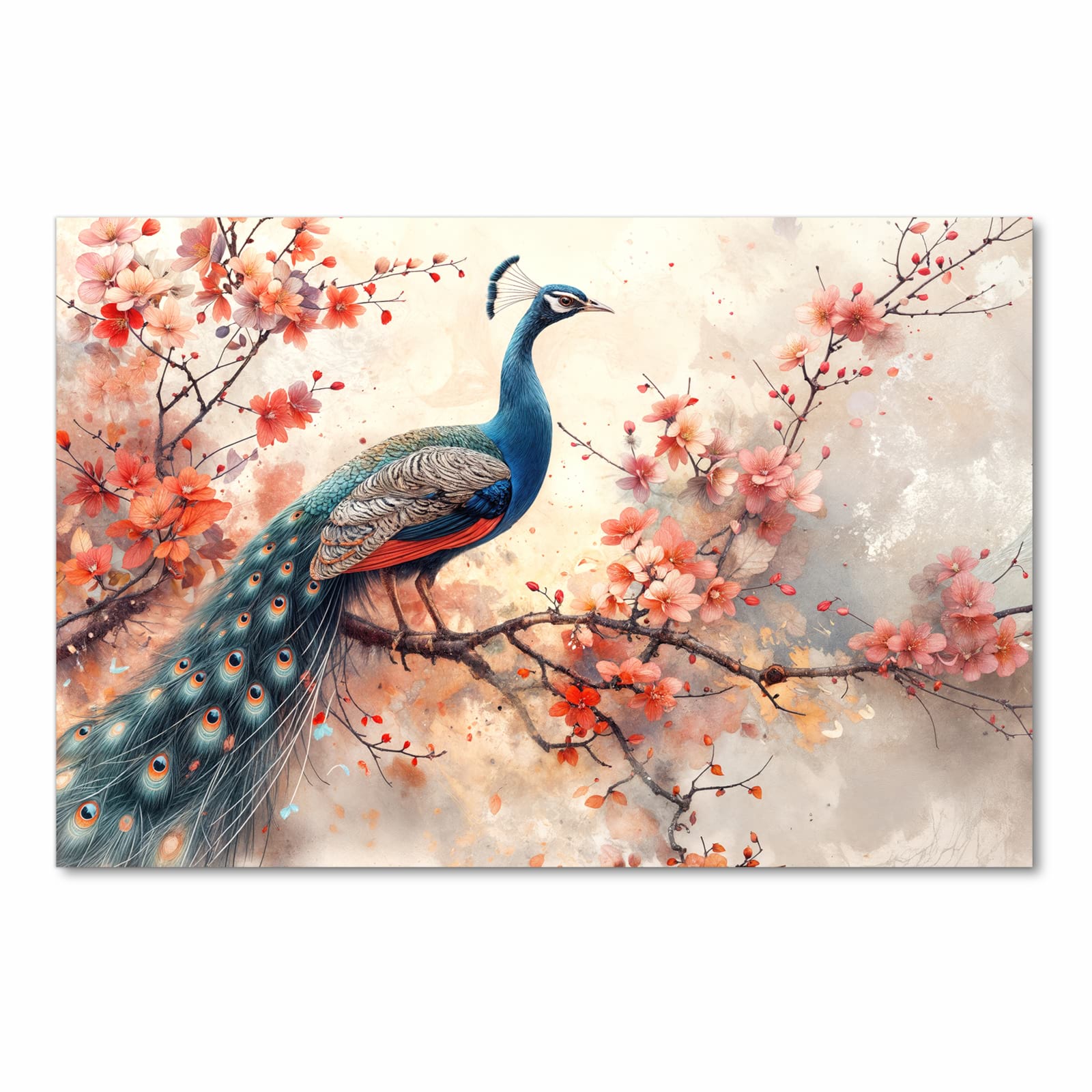 Fleckenresistenter Küchenläufer mit Motiv Pfau und Blüten in Frontansicht