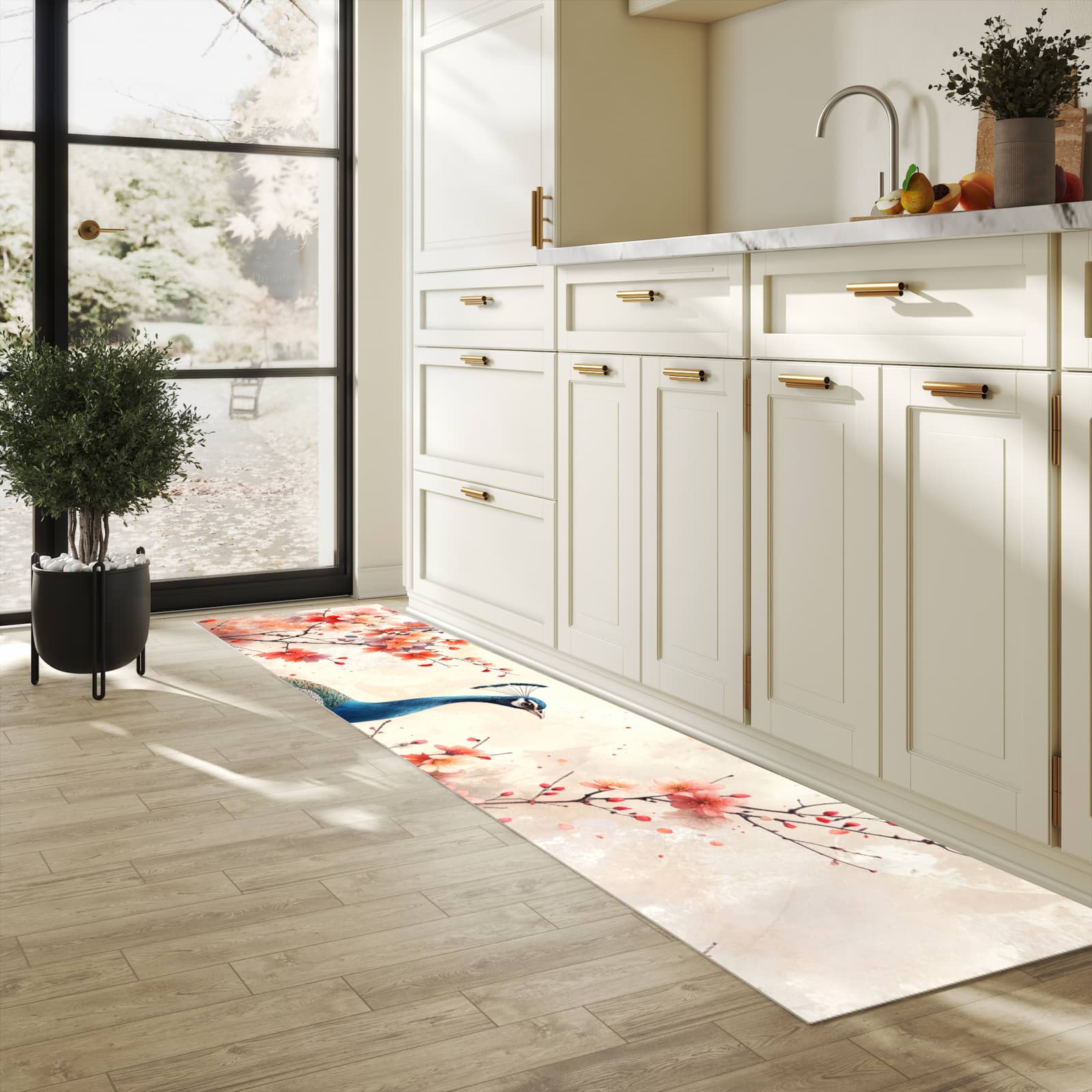Küchenteppich mit Motiv Pfau und Blüten in heller Küche für sichere Aufbewahrung