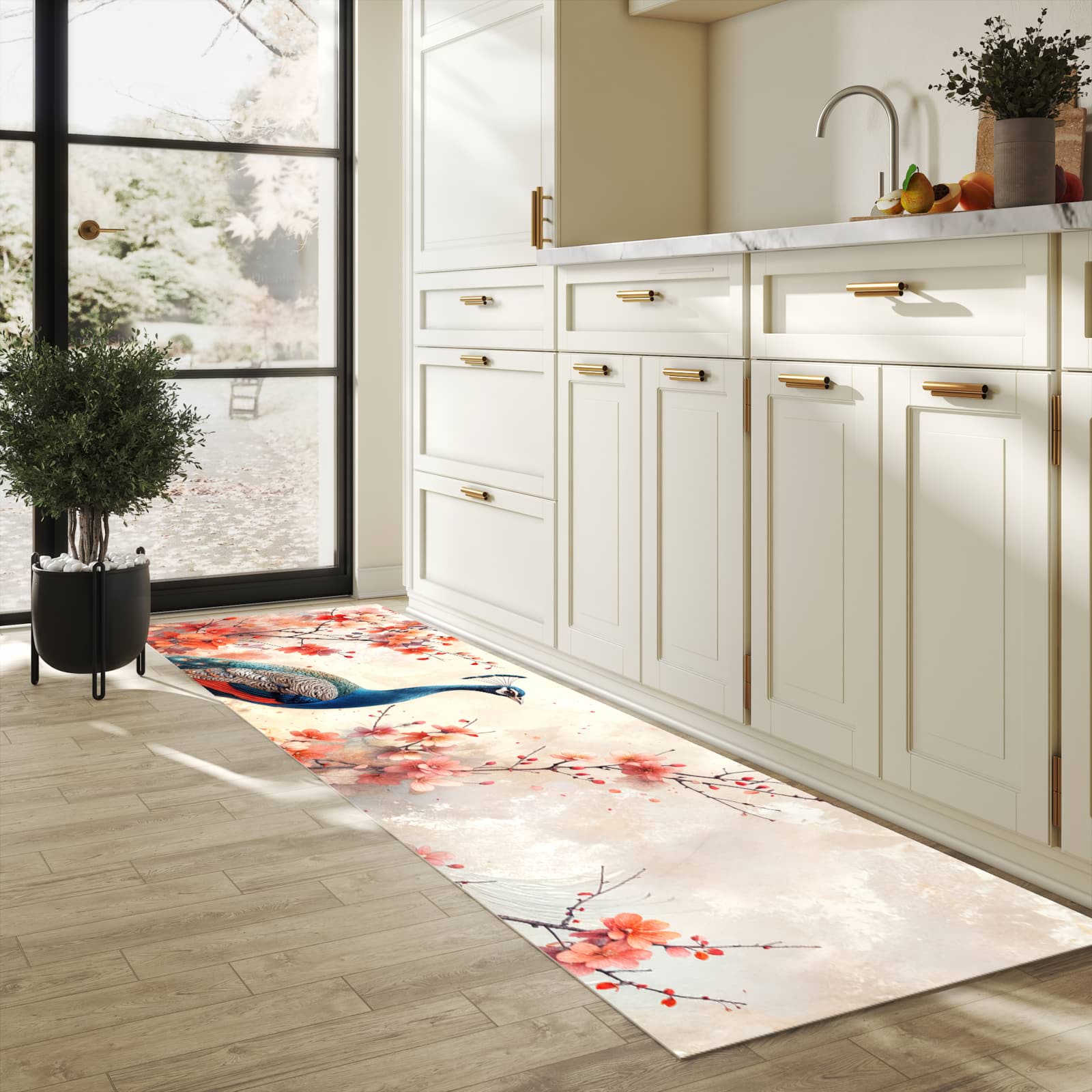 Rutschfester Küchenläufer mit Motiv Pfau und Blüten für Trittkomfort in heller Küche
