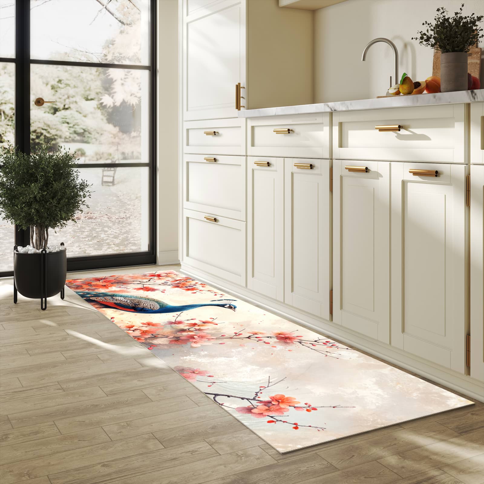 UV-beständiger rutschfester Küchenläufer mit Motiv Pfau und Blüten in heller Küche