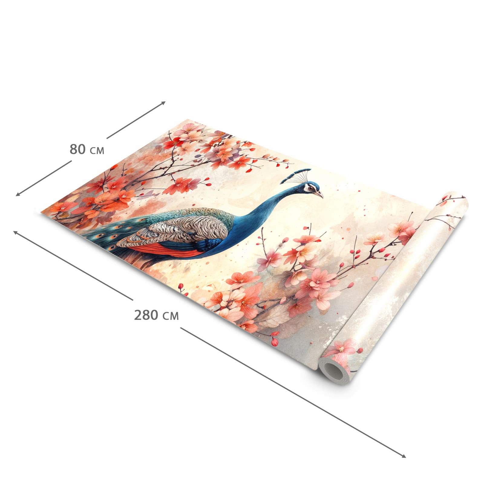 Großer Küchenteppich mit Motiv Pfau und Blüten in der Grösse 60x300 cm für Trittkomfort