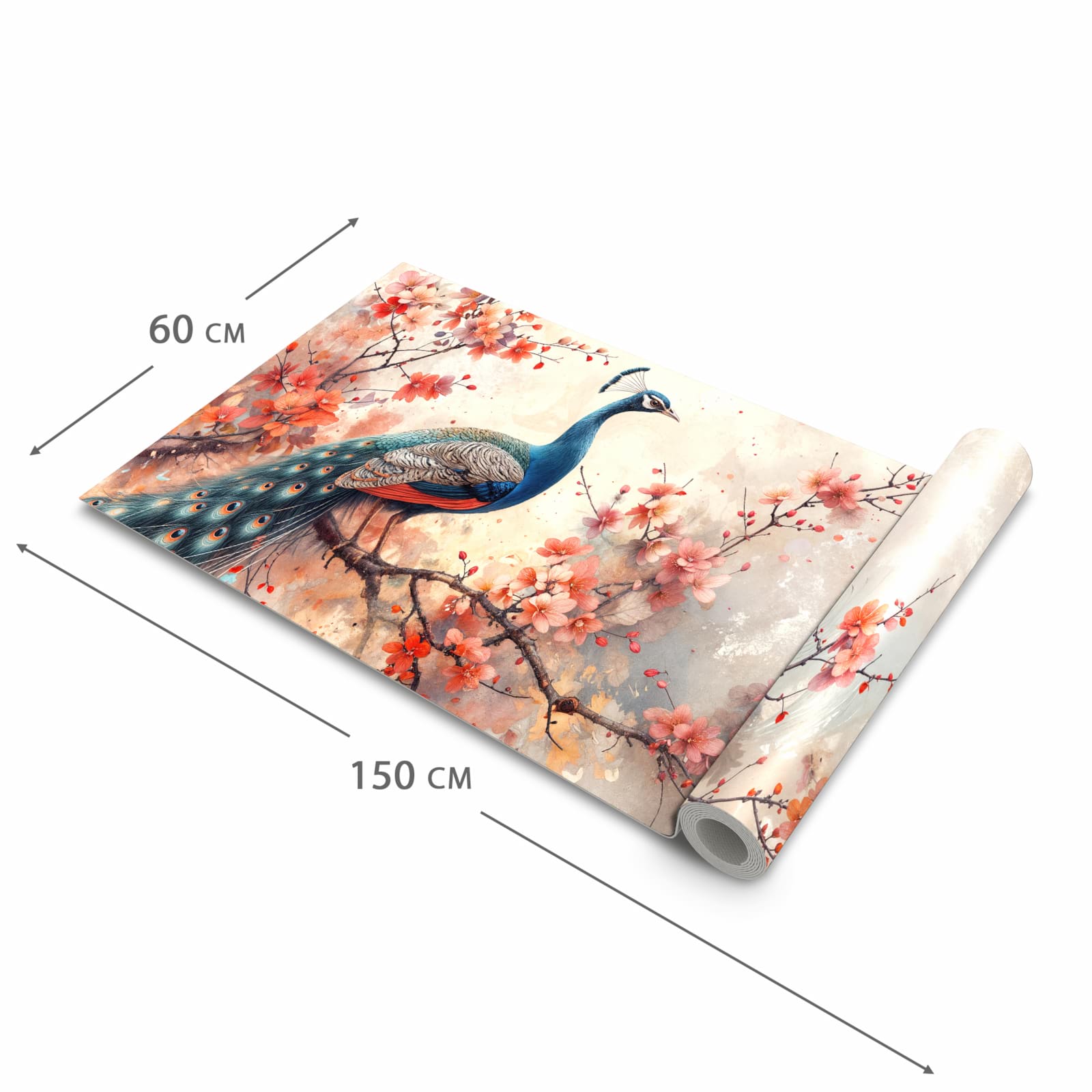 Bodenschonender Bodenläufer Teppich mit Motiv Pfau und Blüten in der Grösse 60x300 cm