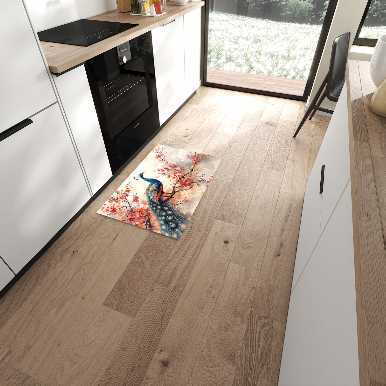 Bodenschonender Küchenläufer mit Motiv Pfau und Blüten in moderner Küche