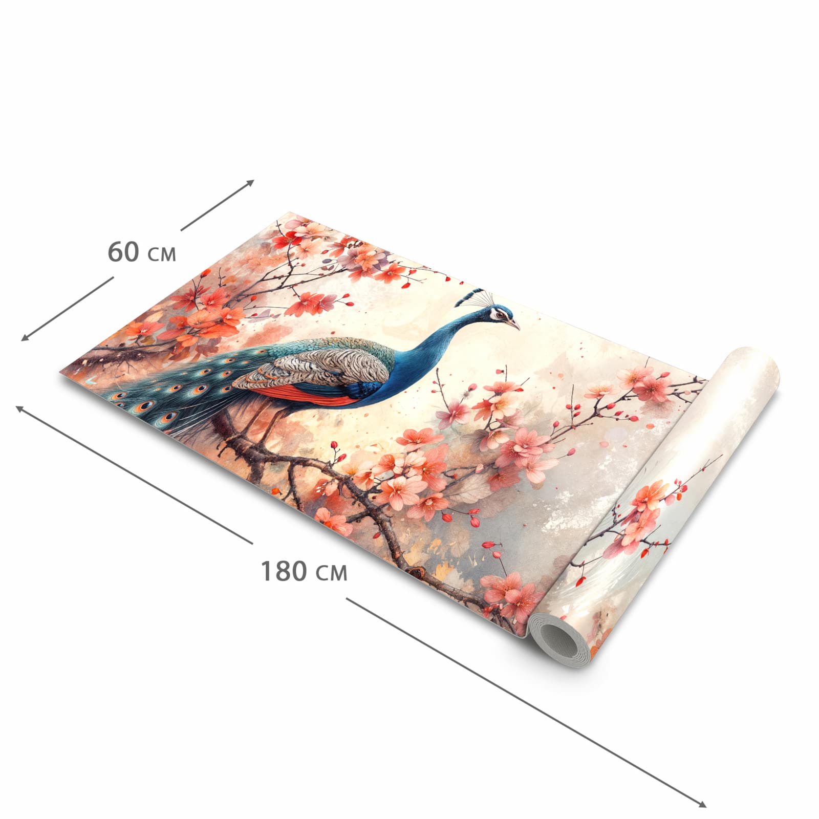 Farbbeständiger Küchenteppich mit Motiv Pfau und Blüten in der Grösse 60x300 cm