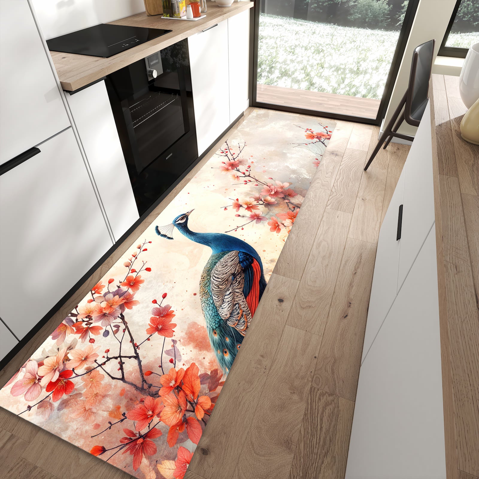 Zeitsparender langer Teppich mit Motiv Pfau und Blüten in moderner Küche