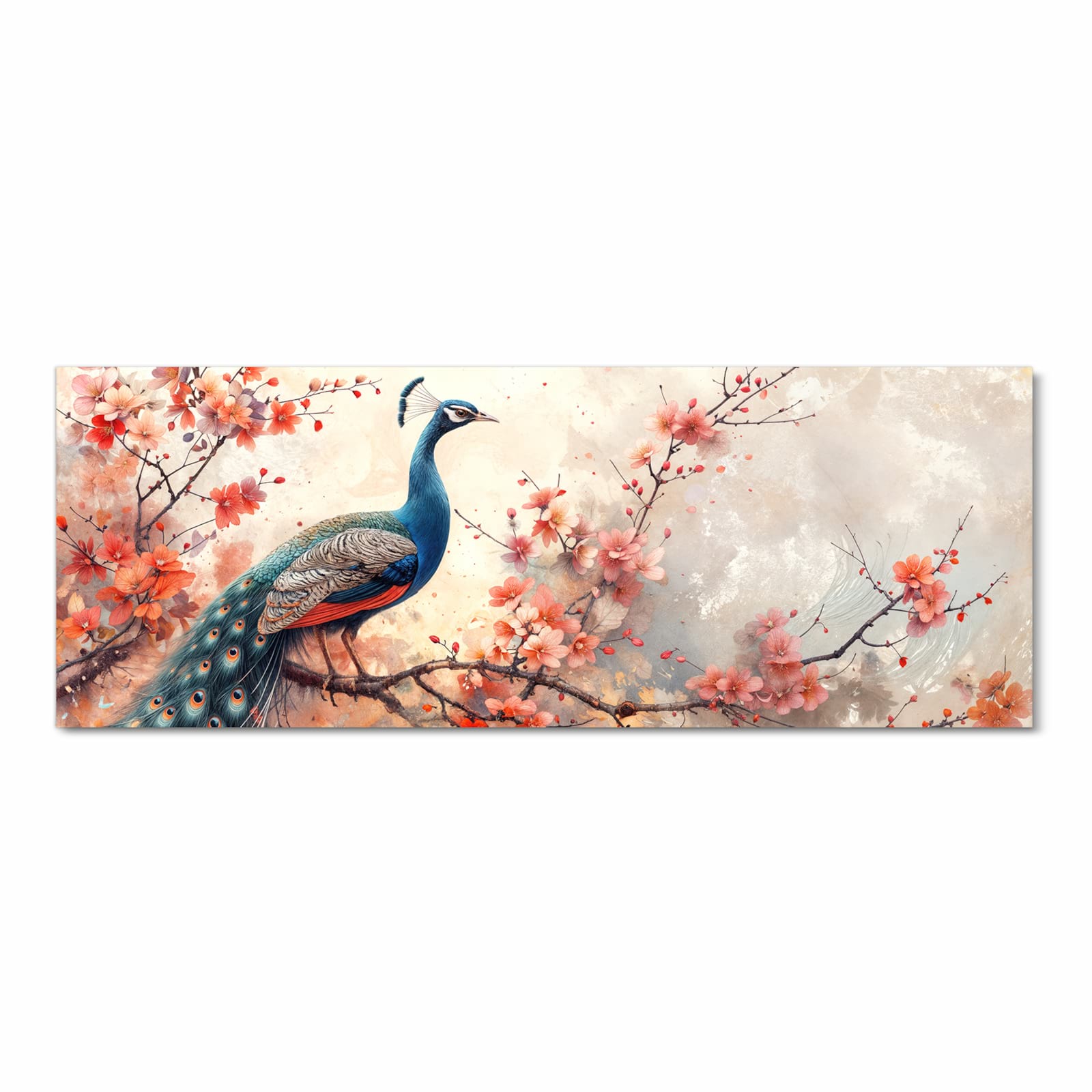 Flacher waschbarer Küchenteppich mit Motiv Pfau und Blüten in Frontansicht