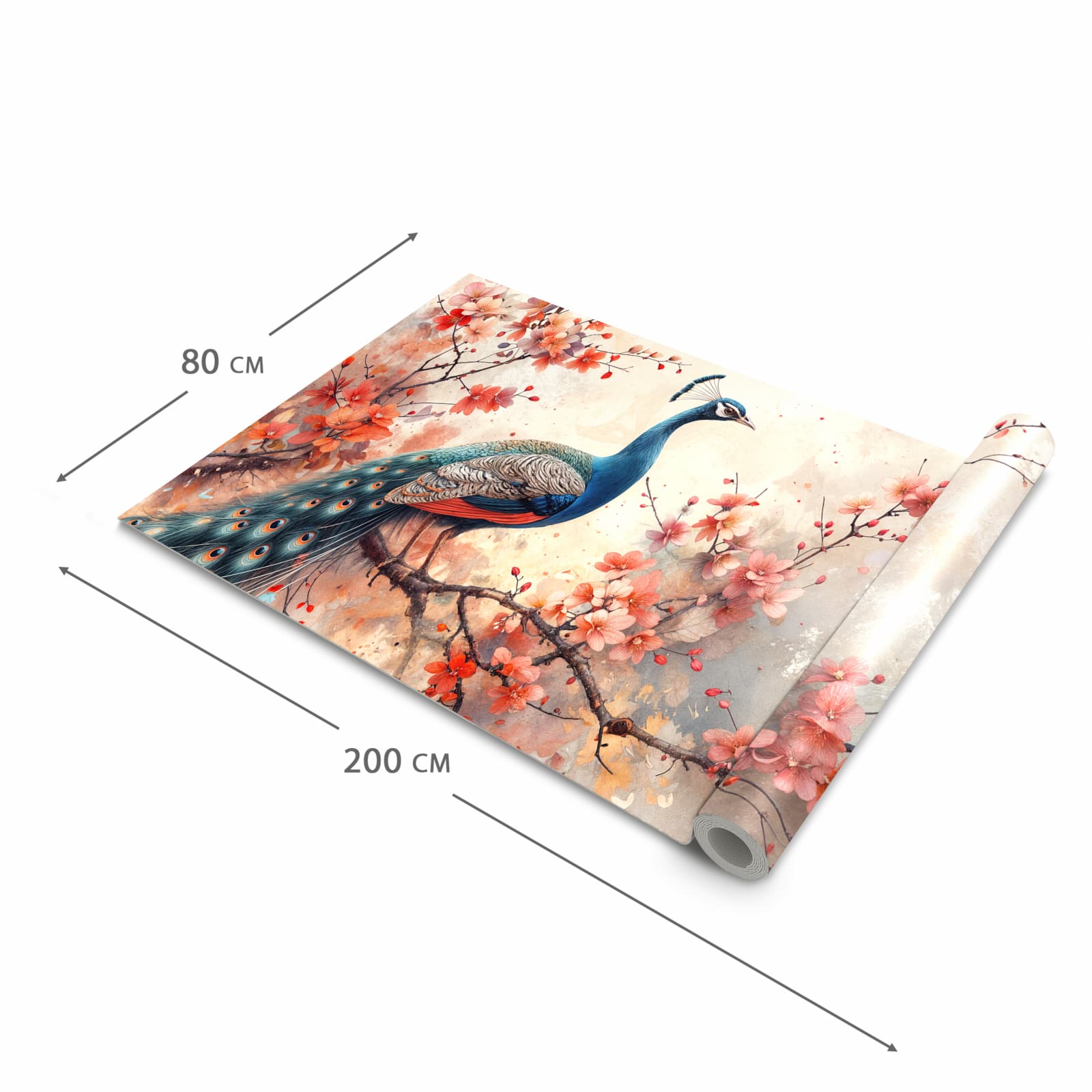 Abriebfester Küchenteppich mit Motiv Pfau und Blüten in der Grösse 60x300 cm, waschbar