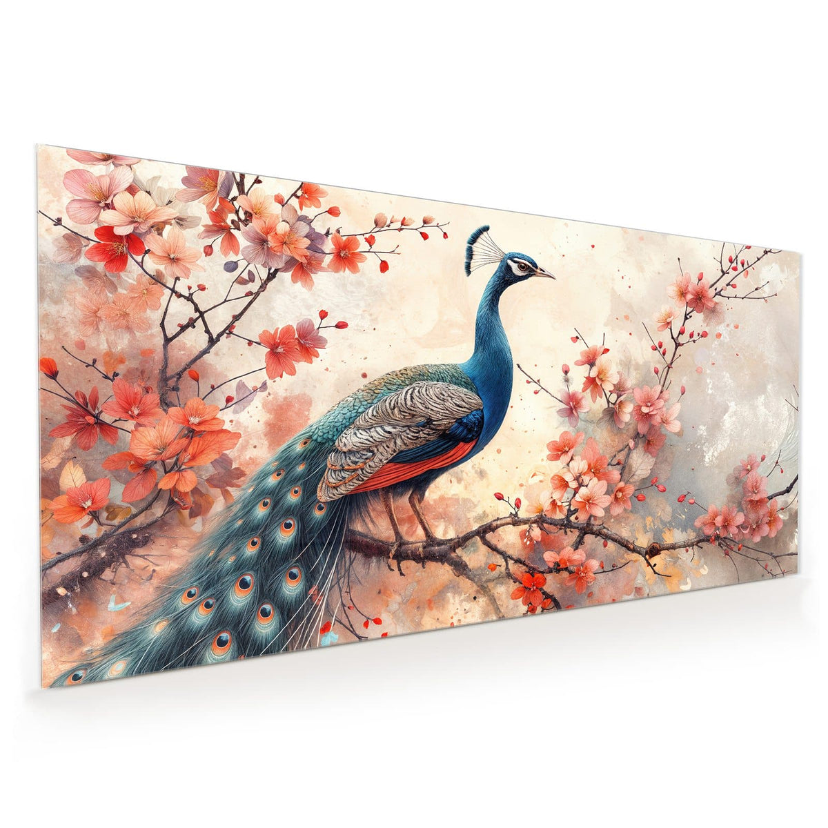 Küchenrückwand aus Glas im Hochformat mit Motiv Pfau auf Kirschzweig: Aquarellierter Pfau mit langer Schleppe auf einem Ast mit korallenroten Blüten.