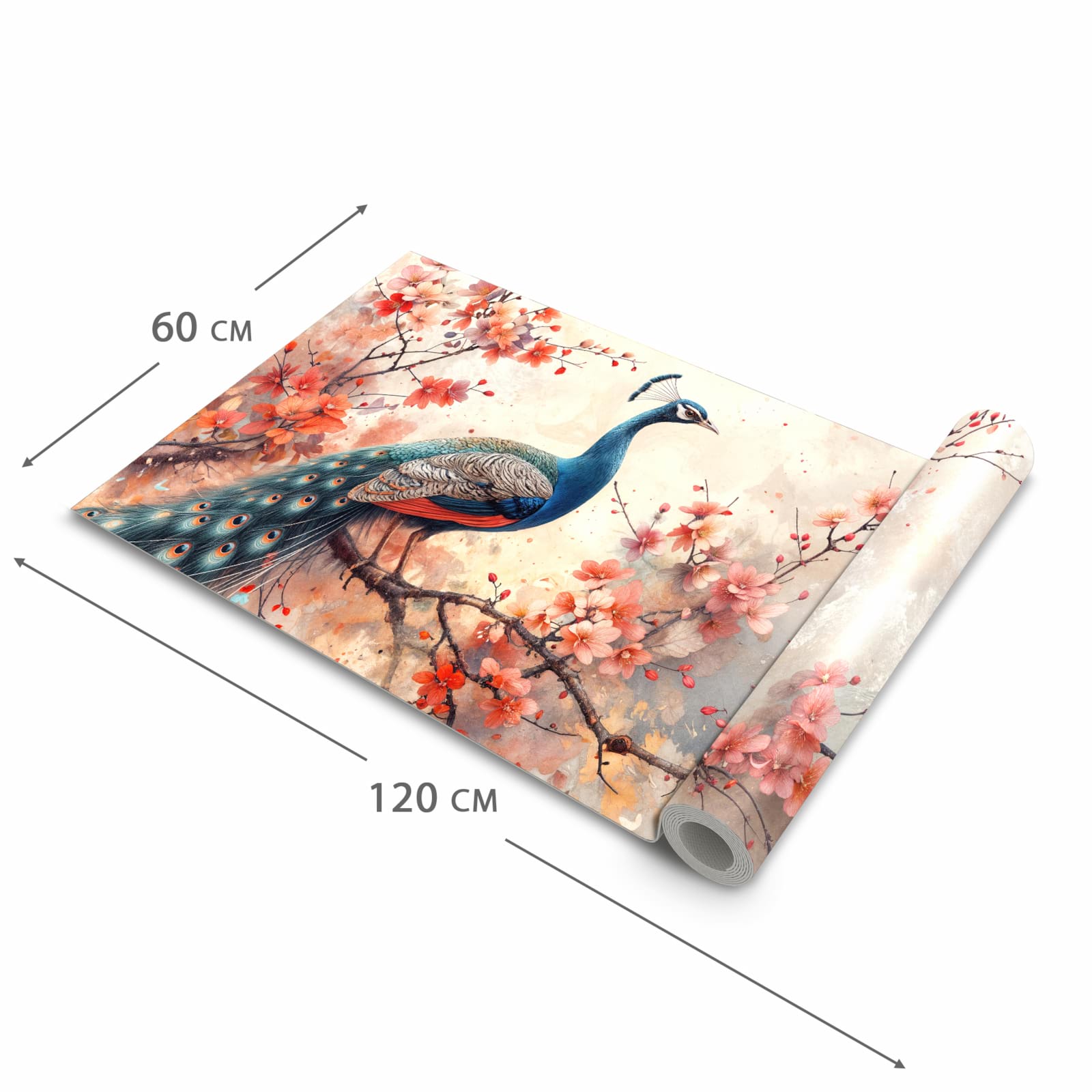 Bodenläufer mit Motiv Pfau und Blüten in der Grösse 60x300 cm für Ordnung & Übersicht