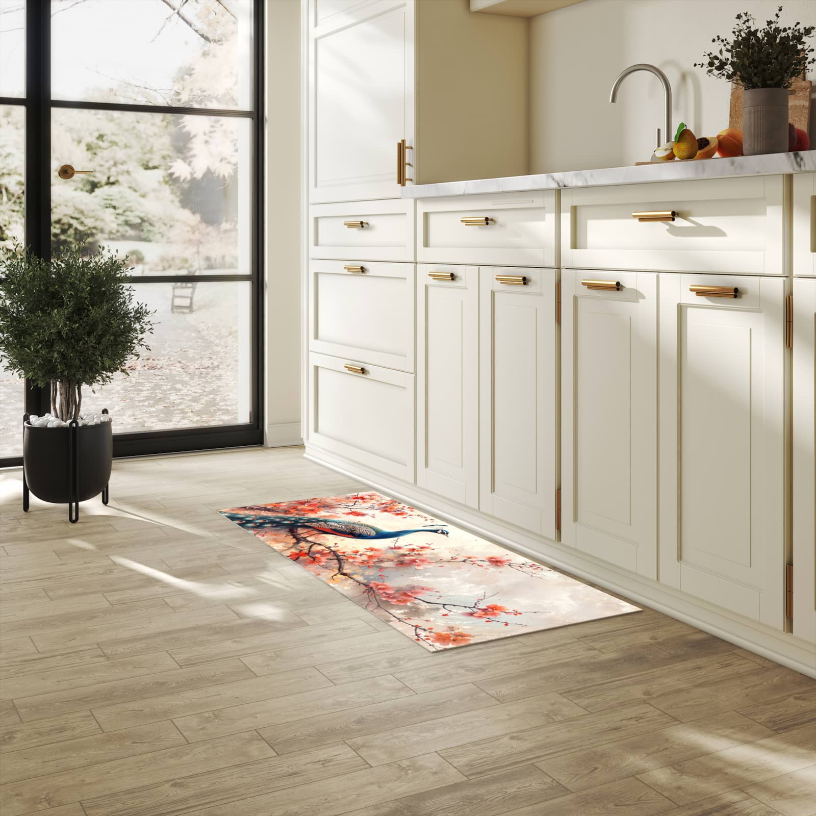 Waschbarer Küchenteppich mit Motiv Pfau und Blüten für Ordnung in heller Küche