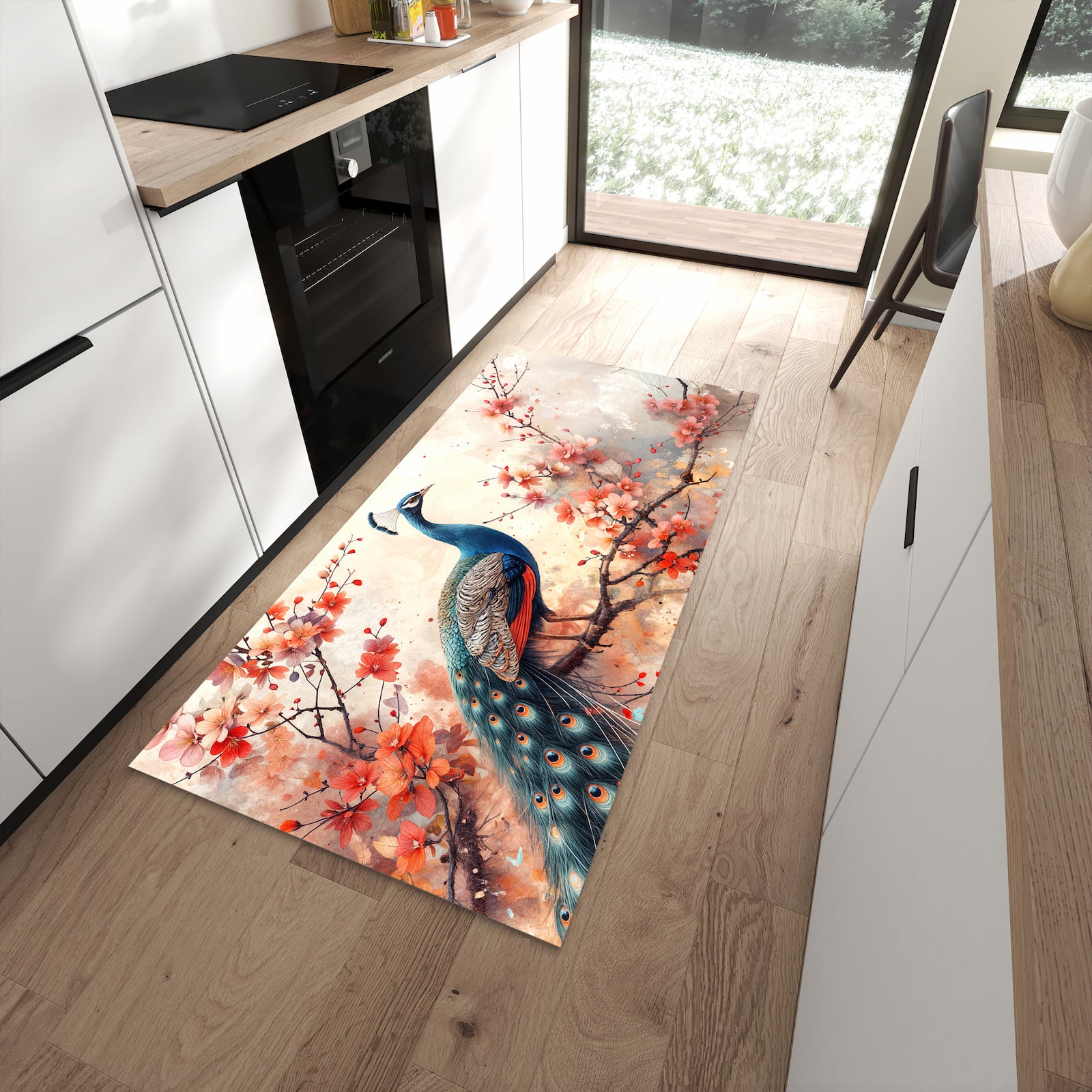 Geräuschdämpfender Läufer mit Motiv Pfau und Blüten für Eingangsbereich in moderner Küche