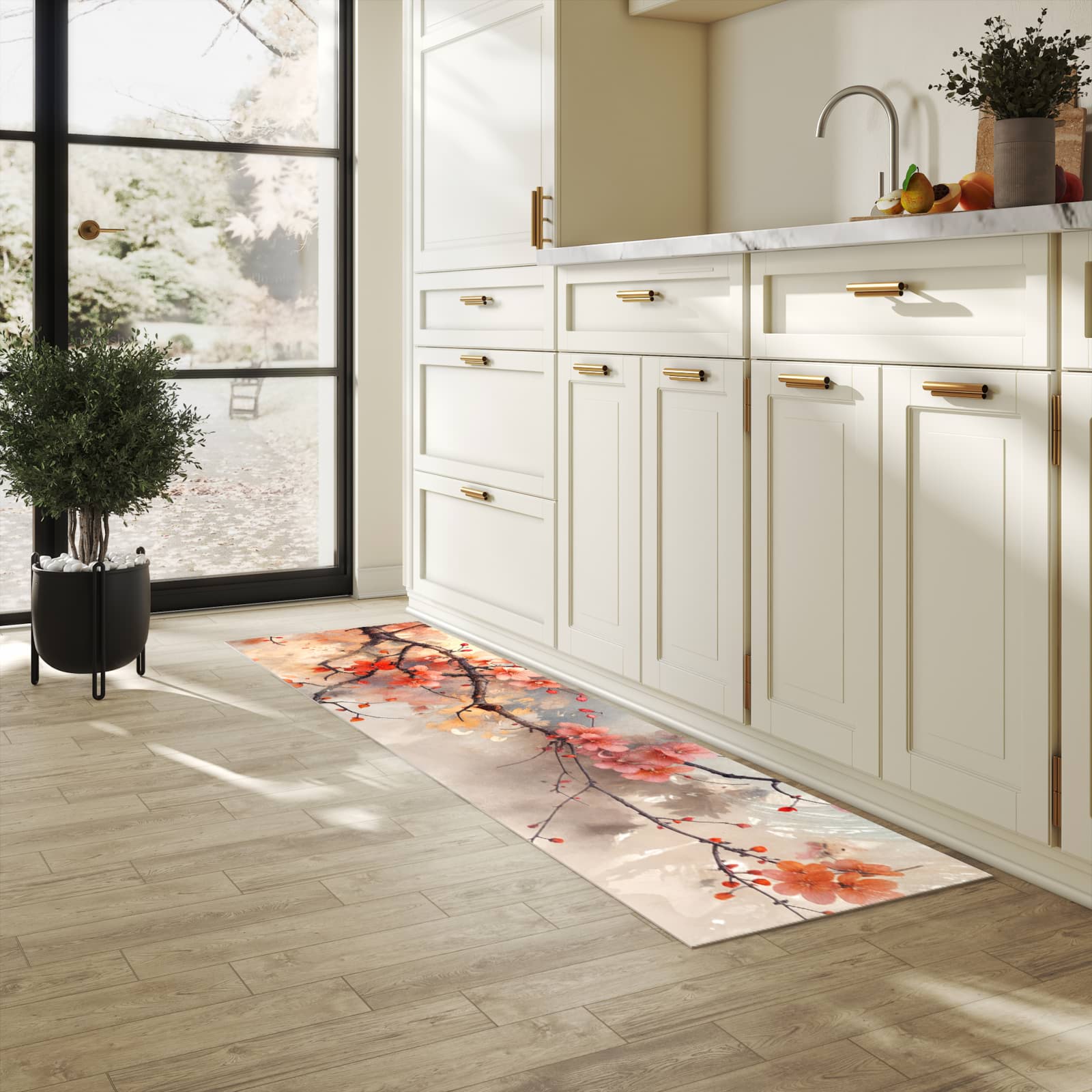 Farbbeständiger rutschfester Küchenteppich mit Motiv Pfau und Blüten in heller Küche
