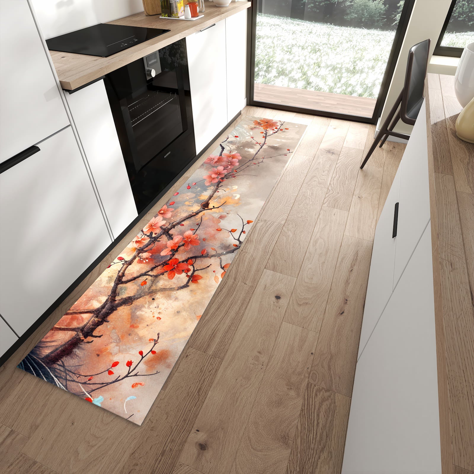 Bodenschonender Küchenteppich mit Motiv Pfau und Blüten in moderner Küche