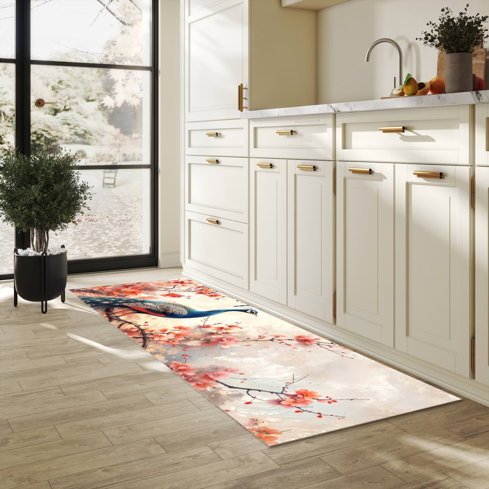 Abriebfester rutschfester Küchenläufer mit Motiv Pfau und Blüten in heller Küche