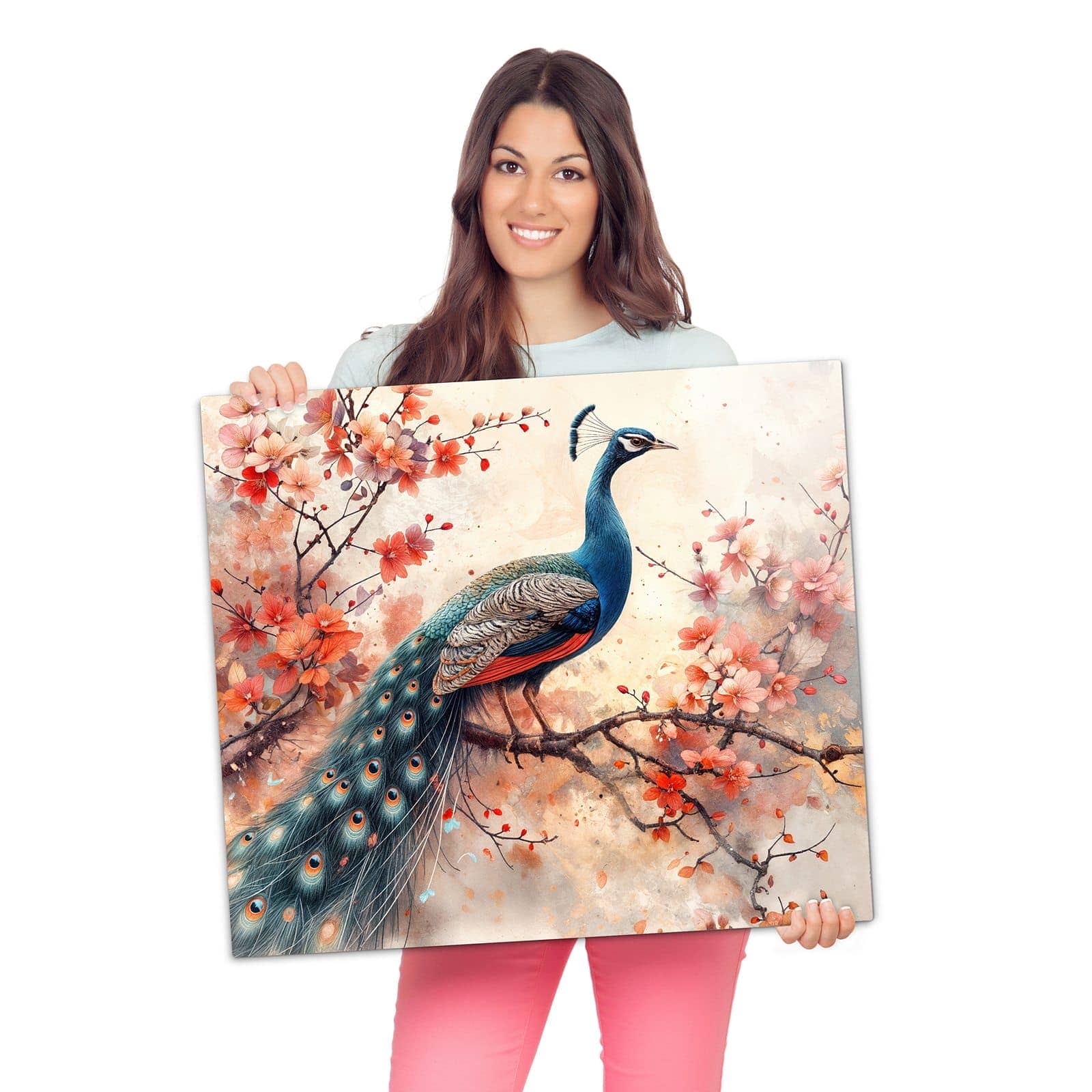 Ceranfeld-Abdeckplatten mit Pfau und Blüten-Motiv werden zur Größendarstellung gehalten