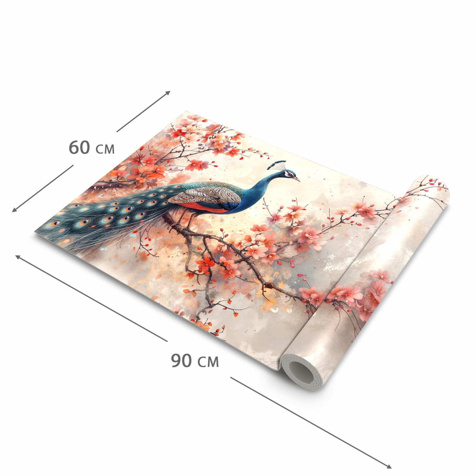 Geräuschdämpfender Küchenteppich mit Motiv Pfau und Blüten in der Grösse 60x300 cm