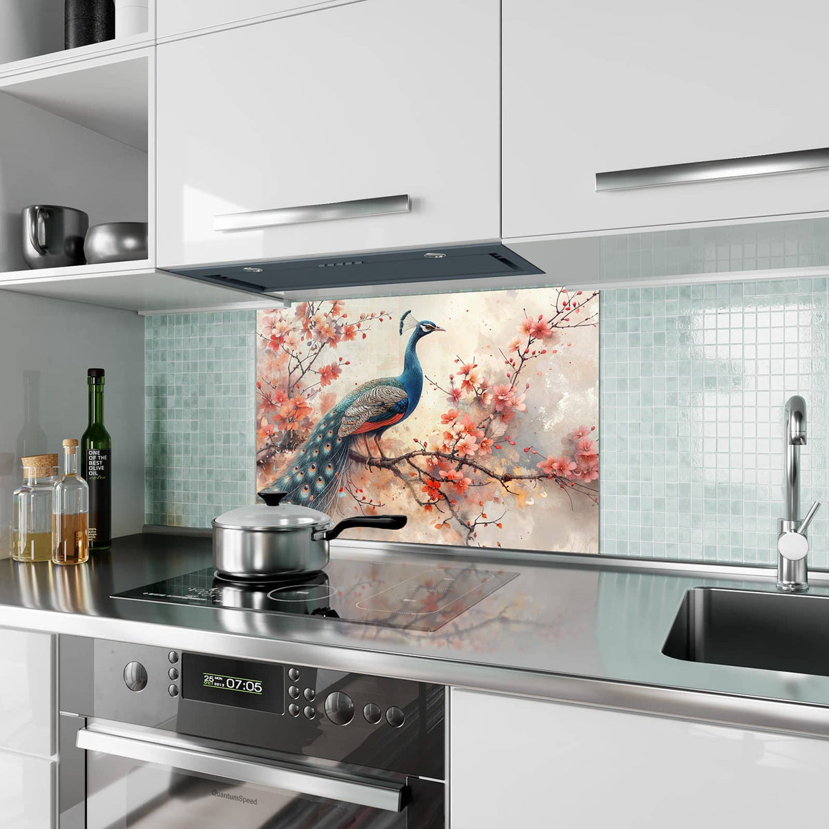 Küchenrückwand aus Glas Pfau auf Kirschzweig im Hochformat als Spritzschutz hinter dem Kochfeld, über dem Fliesenspiegel montiert