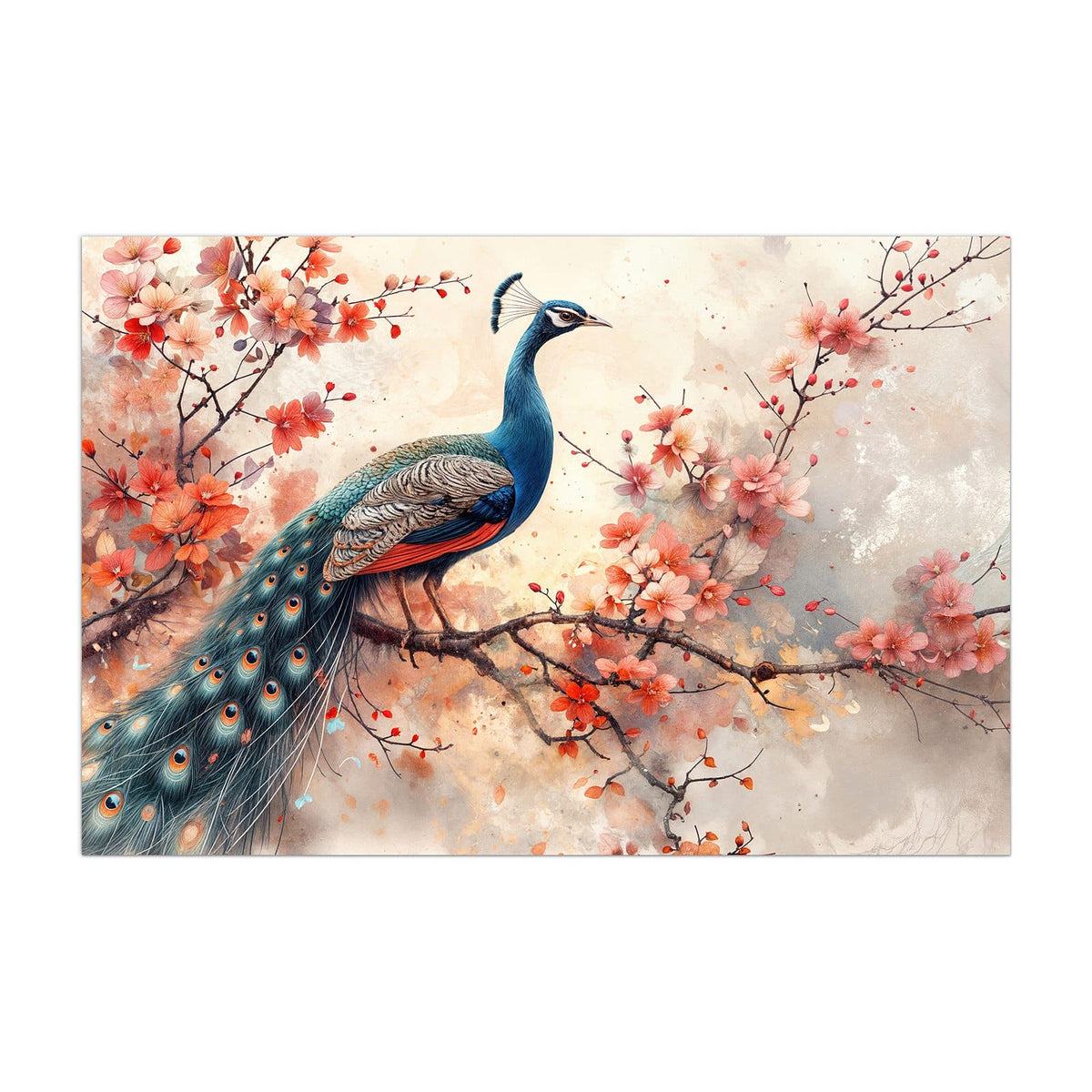Küchenrückwand aus Glas Pfau auf Kirschzweig im Hochformat, Motiv bildfüllend von vorn