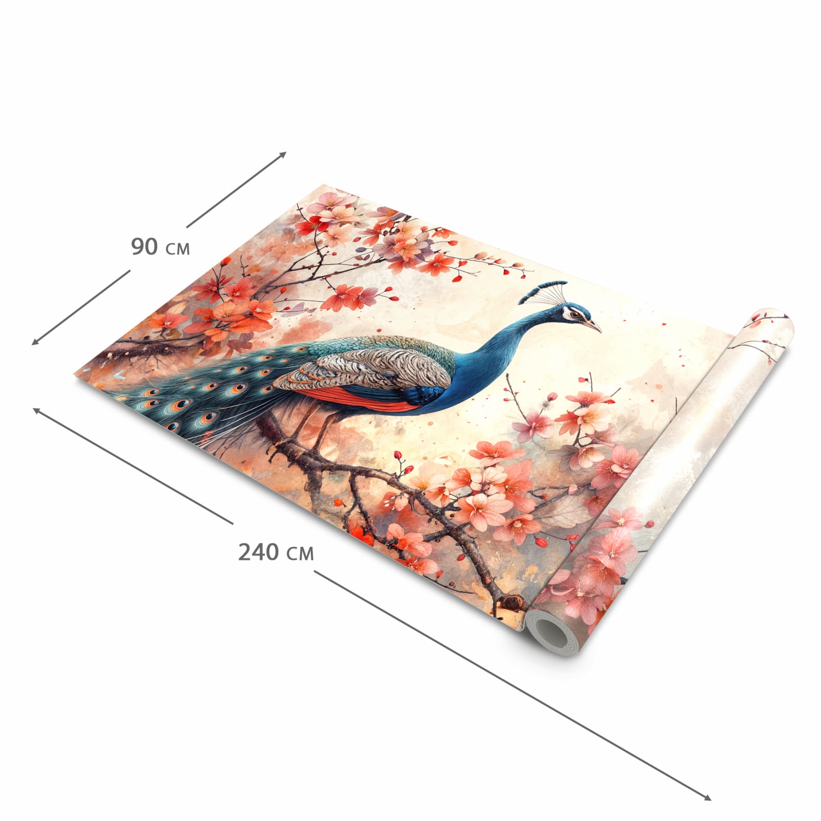 Schmutzabweisender Küchenteppich mit Motiv Pfau und Blüten in der Größe 60x300 cm