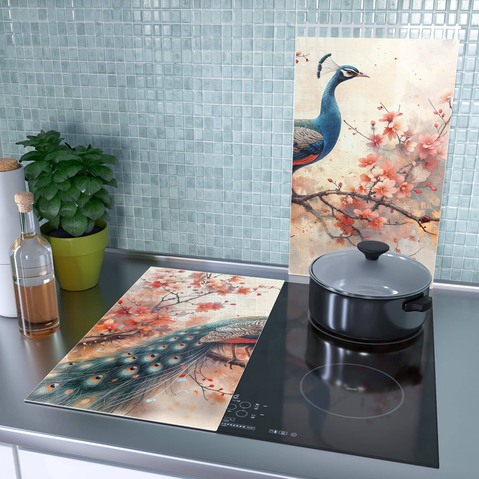 2-teilige Herd Schutzplatte mit Pfau und Blüten-Motiv als Spritzschutz hinter dem Kochfeld