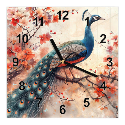 Wanduhr Quadratisch mit dem Motiv Pfau auf Kirschzweig