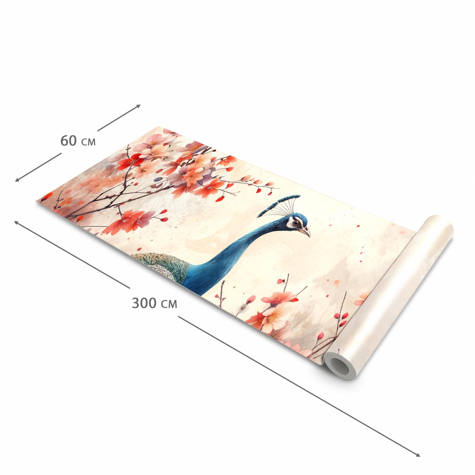 Rutschfester Küchenteppich mit Motiv Pfau und Blüten in der Grösse 60x300 cm spart Zeit
