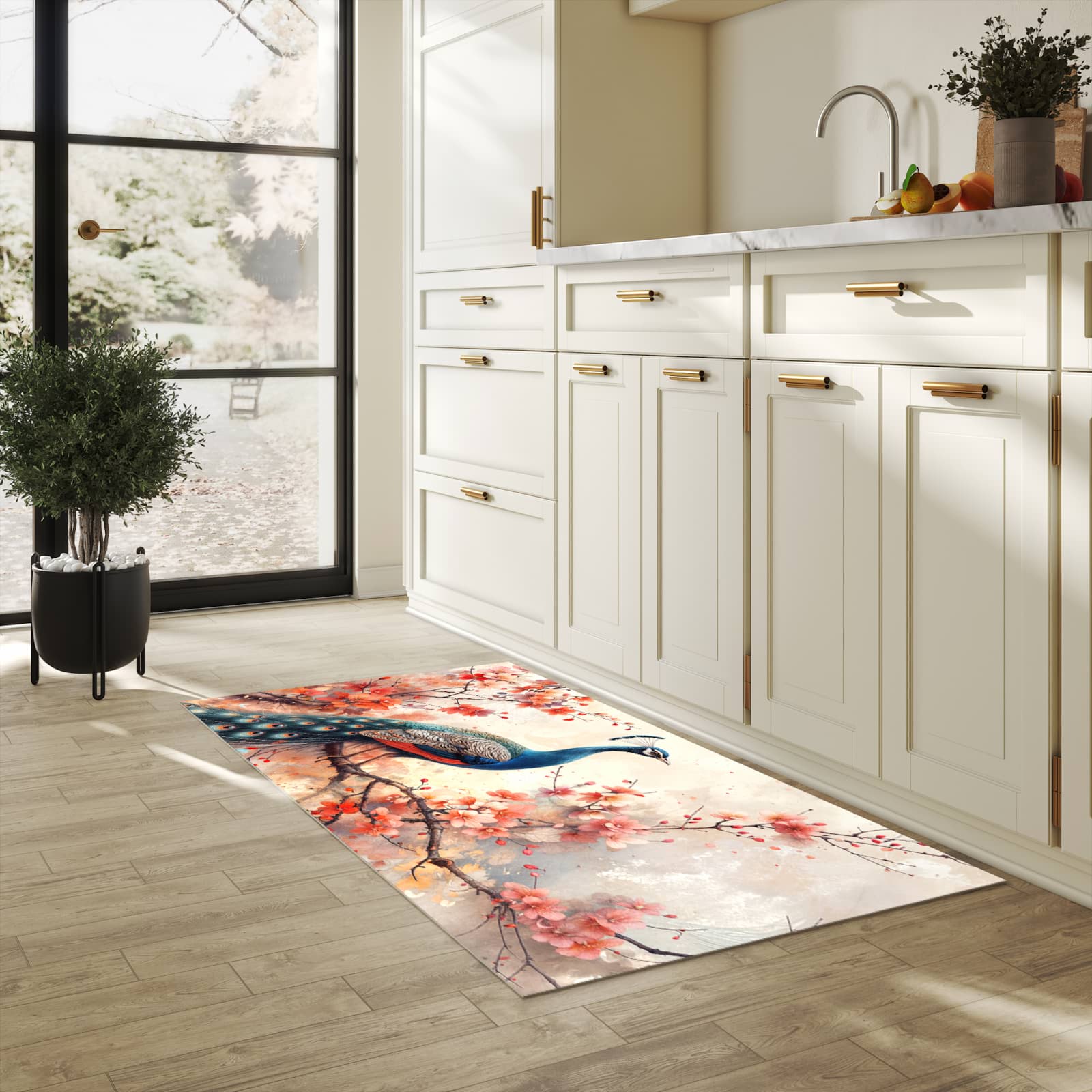 Wasserabweisender waschbarer Küchenläufer mit Motiv Pfau und Blüten in heller Küche