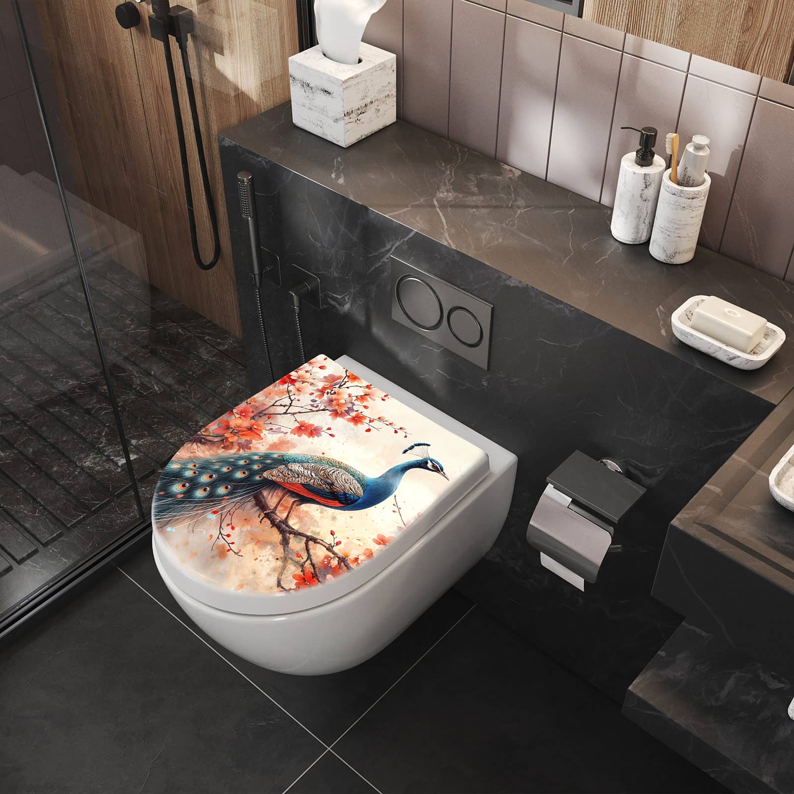 WC-Sitz mit Absenkautomatik Pfau und Blüten