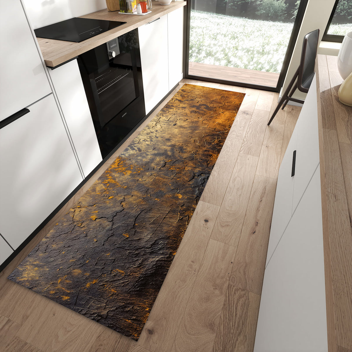 Pflegeleichter Küchenteppich mit Motiv Golden Texture in moderner Küche