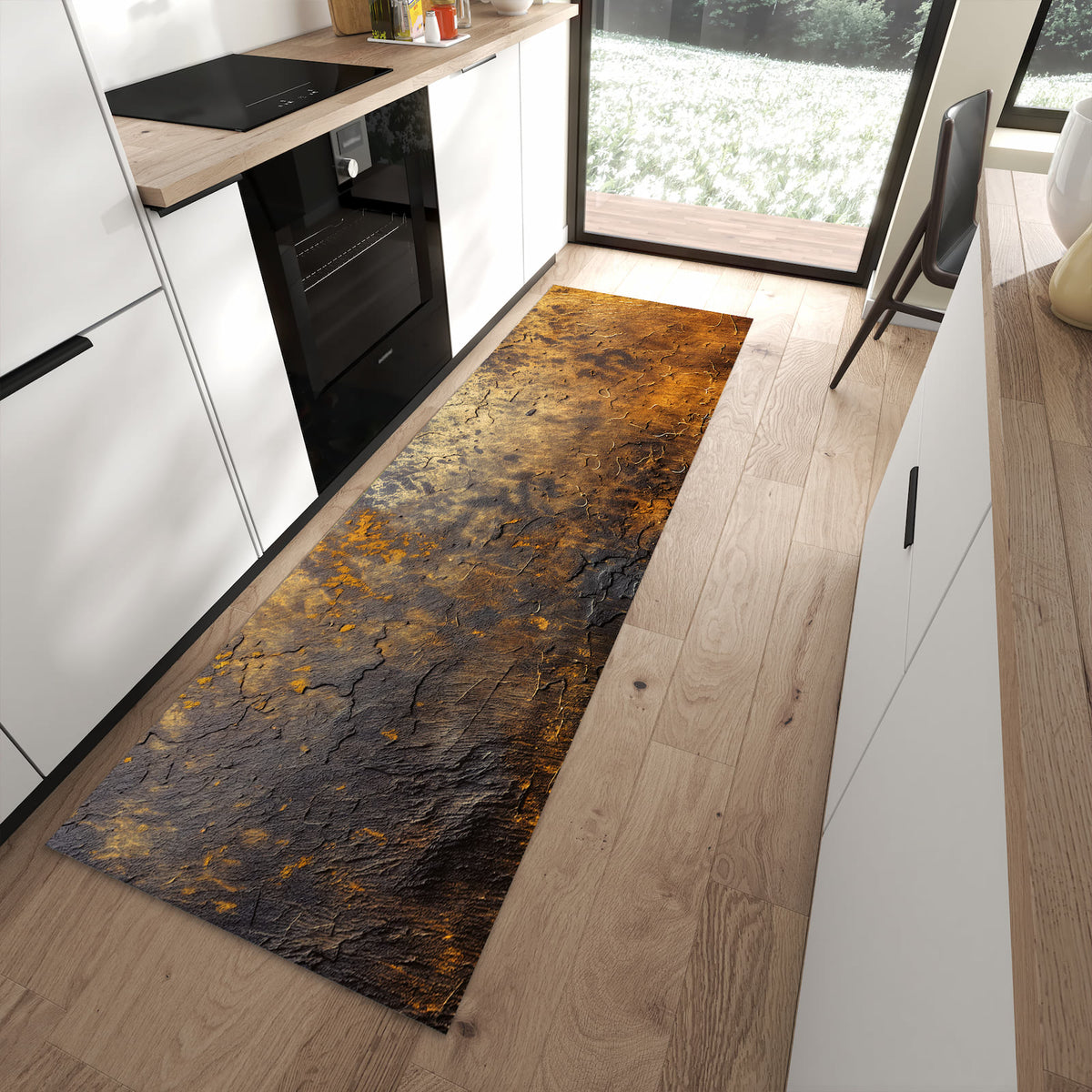 Rutschfester Küchenteppich mit Motiv Golden Texture in moderner Küche