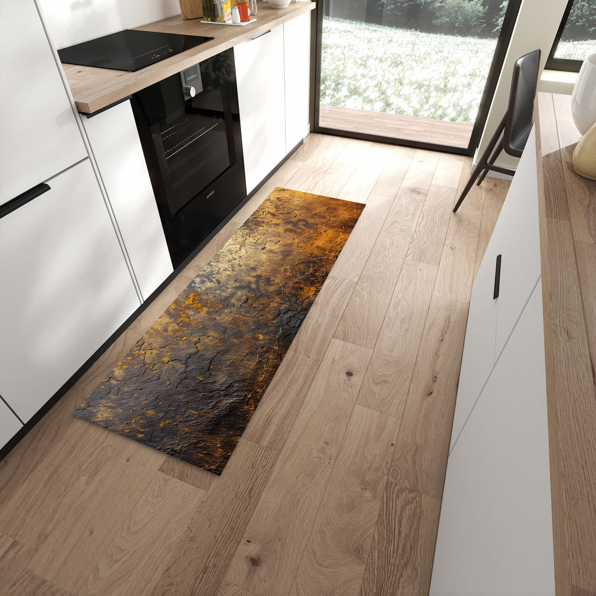 Schmutzabweisender Küchenläufer mit Motiv Golden Texture in moderner Küche