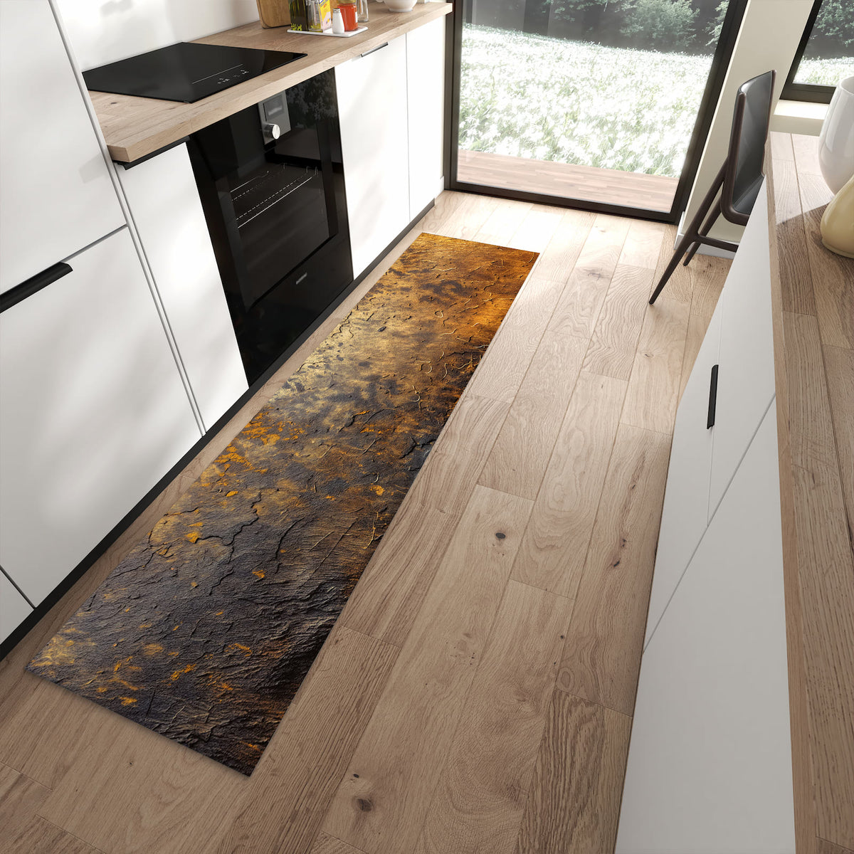 Geruchsneutraler abwaschbarer Küchenteppich mit Motiv Golden Texture in moderner Küche