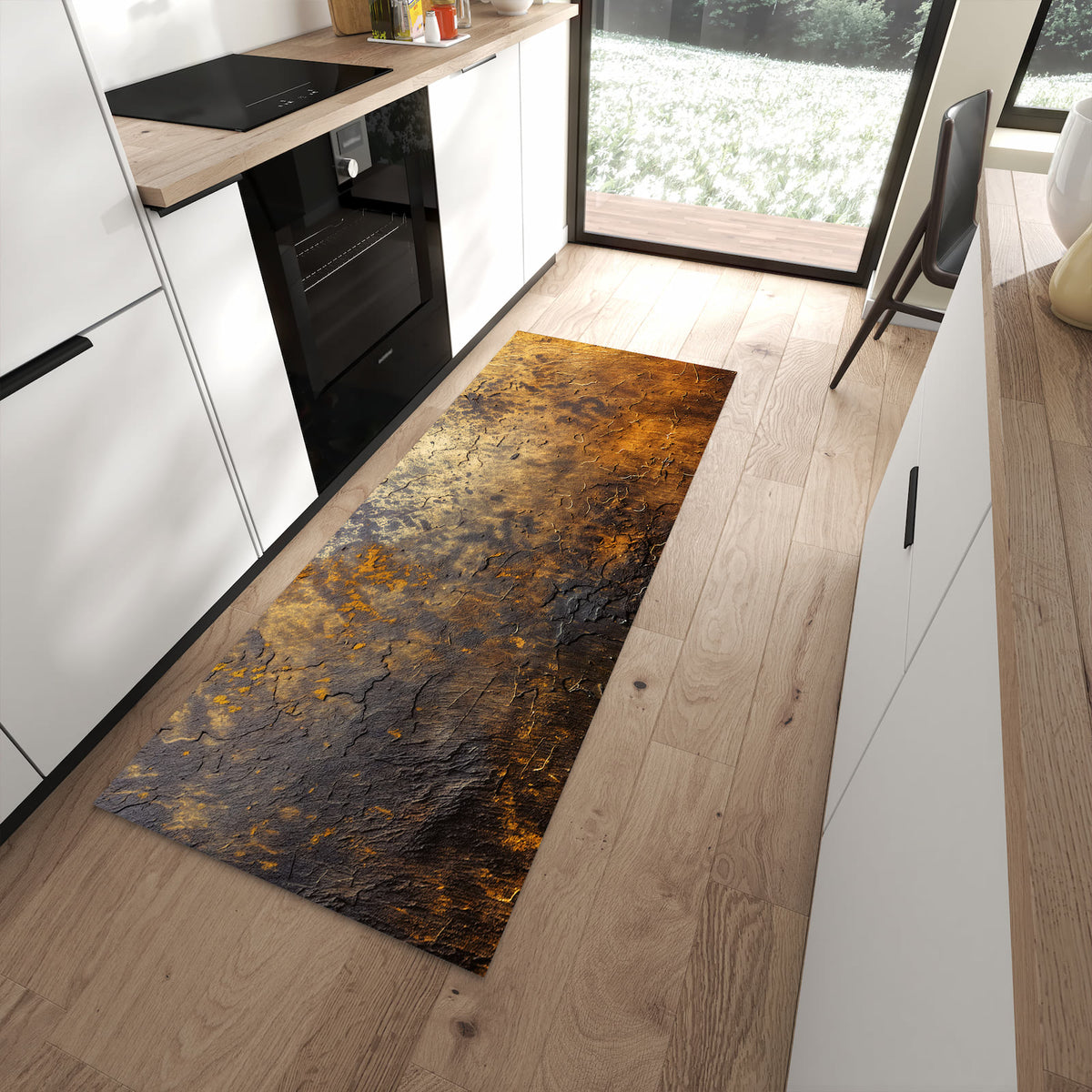 Komfortabler Küchenteppich mit Motiv Golden Texture in moderner Küche