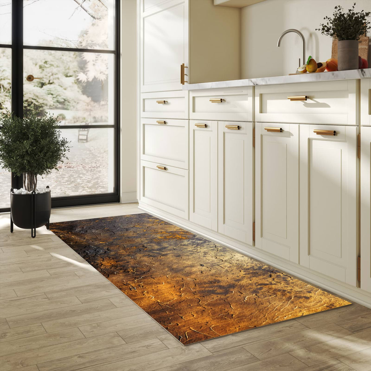 Feuchtigkeitsresistenter Küchenteppich mit Motiv Golden Texture in heller Küche
